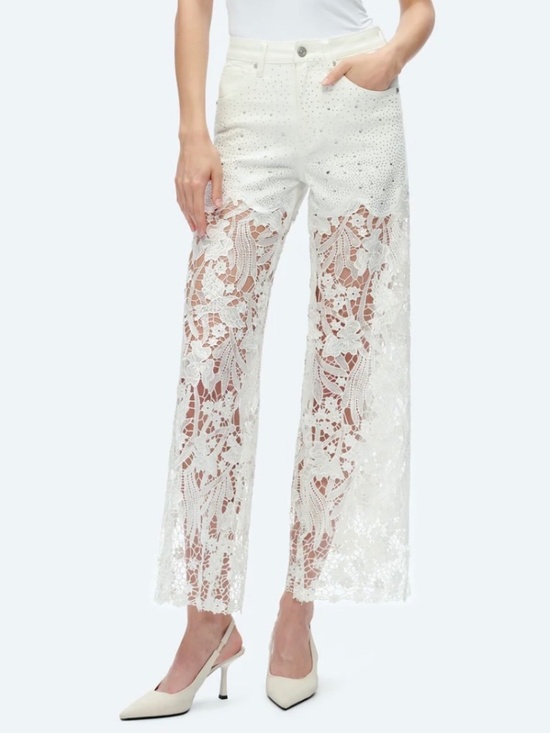 BAYEAS Denim - WHITE HIGH WAIST CRYSTAL EMBELLISHED CURVE HUGGING WIDE LEG LACE JEANS -NWT